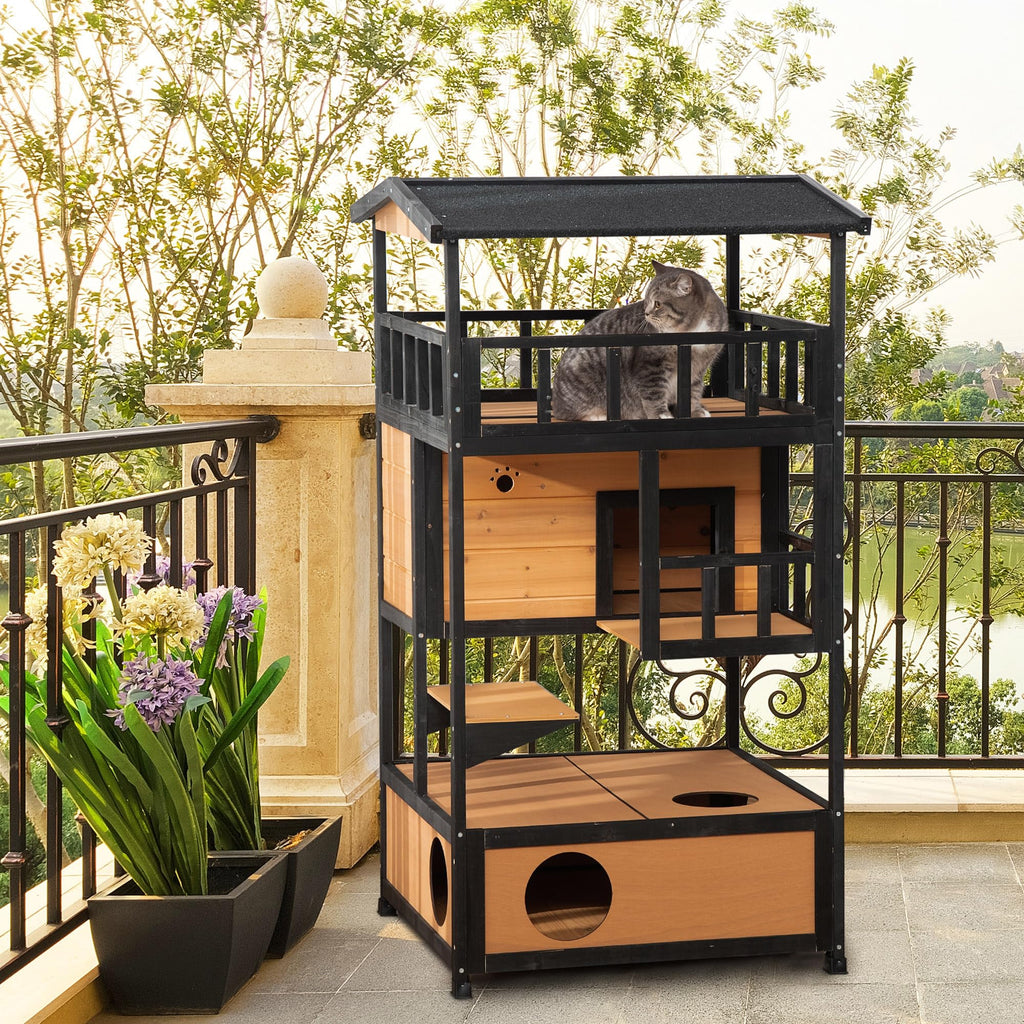 3-Story Wooden Outdoor Cat House with Raised Floor F415576
